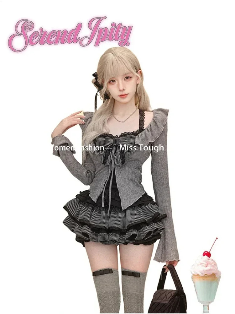 Sweet Lolita Retro Set Womens Ruffle CardiganSexy Y2k Tight Tank TopMini Skirt Autumn Korean Elegant 3-Piece Set Dress 250422