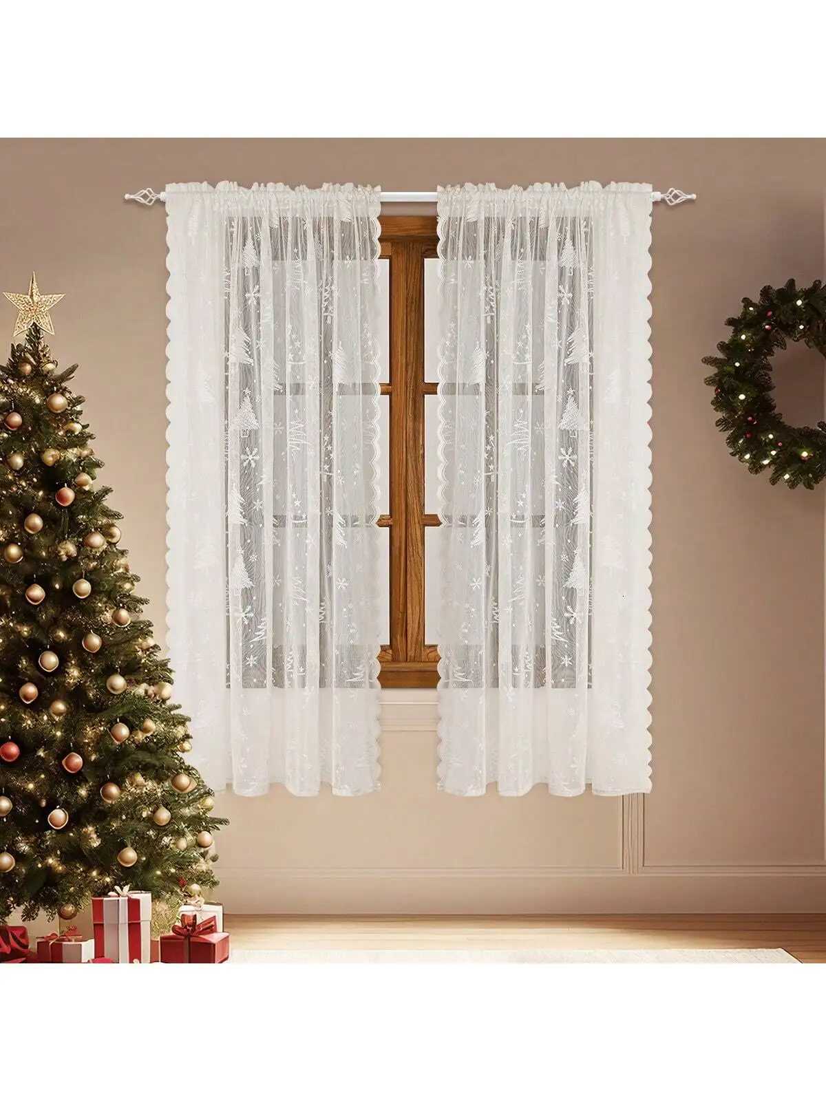 Curtain Christmas 1pc White Christmas Tree Lace Sheer Curtain Festive Window Decor for Holiday Living Room Bedroom Y251126