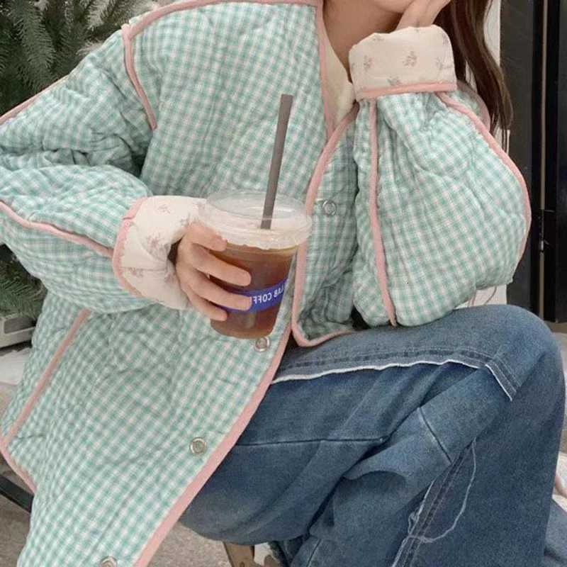 Retro floral small fresh color matching plaid cotton-padded jacket womens autumn and winter plus cotton coats on both sidesXJ251127
