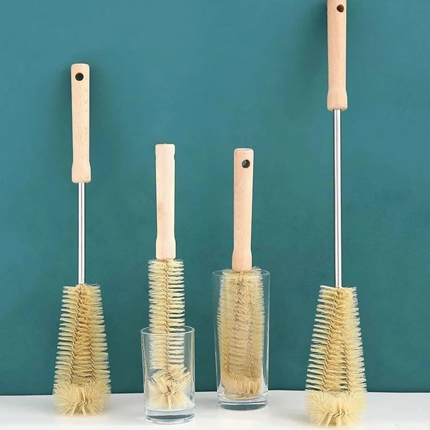 Bottle cleaning brush with long wooden handle water bottle natural bristle kitchen scrub 250425