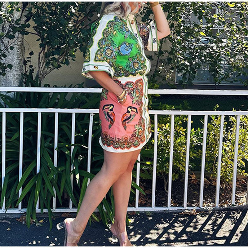 2025 new women's collar single breasted long sleeved temperament printed dress for women