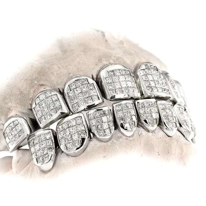 Princess Cut Solitaire 925 Silver invisible setting moissanite teeth Grillz with 8 top 8 bottom