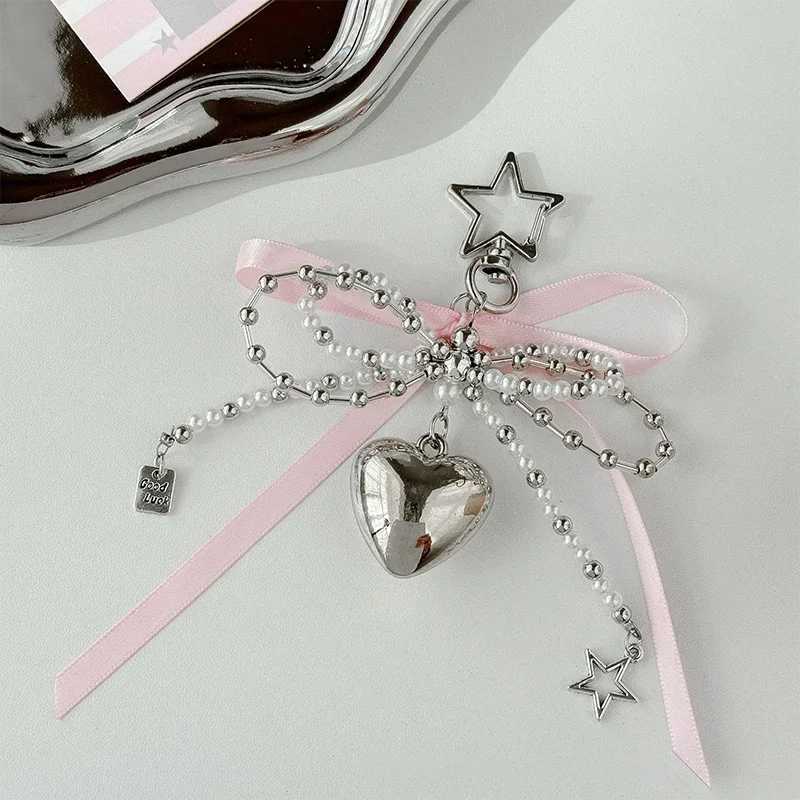 Creative Imitation Pearl Bow Bag Charm Key Ring Ribbon Heart Beaded Keychain Korean Backpack Pendant Y2k Pendant JewelryT251127