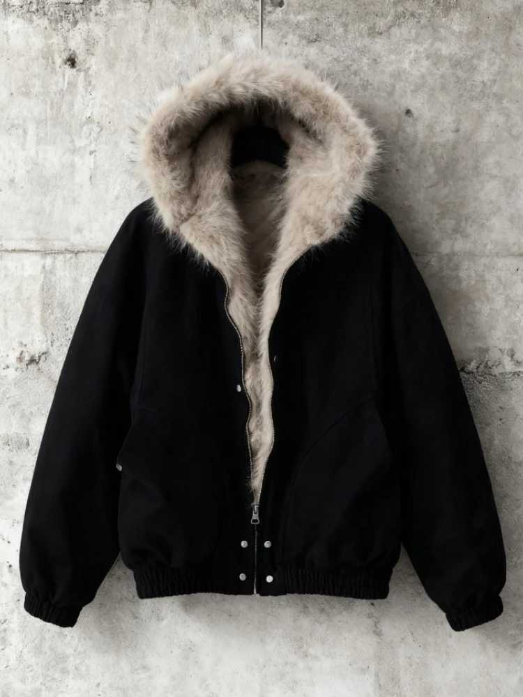 American Style Retro Hooded Jacket Winter Gothic Harajuku Fashion Black Coat Casual Outerwear Y2k Fur Collar Parkas Woman ChicXJ251127