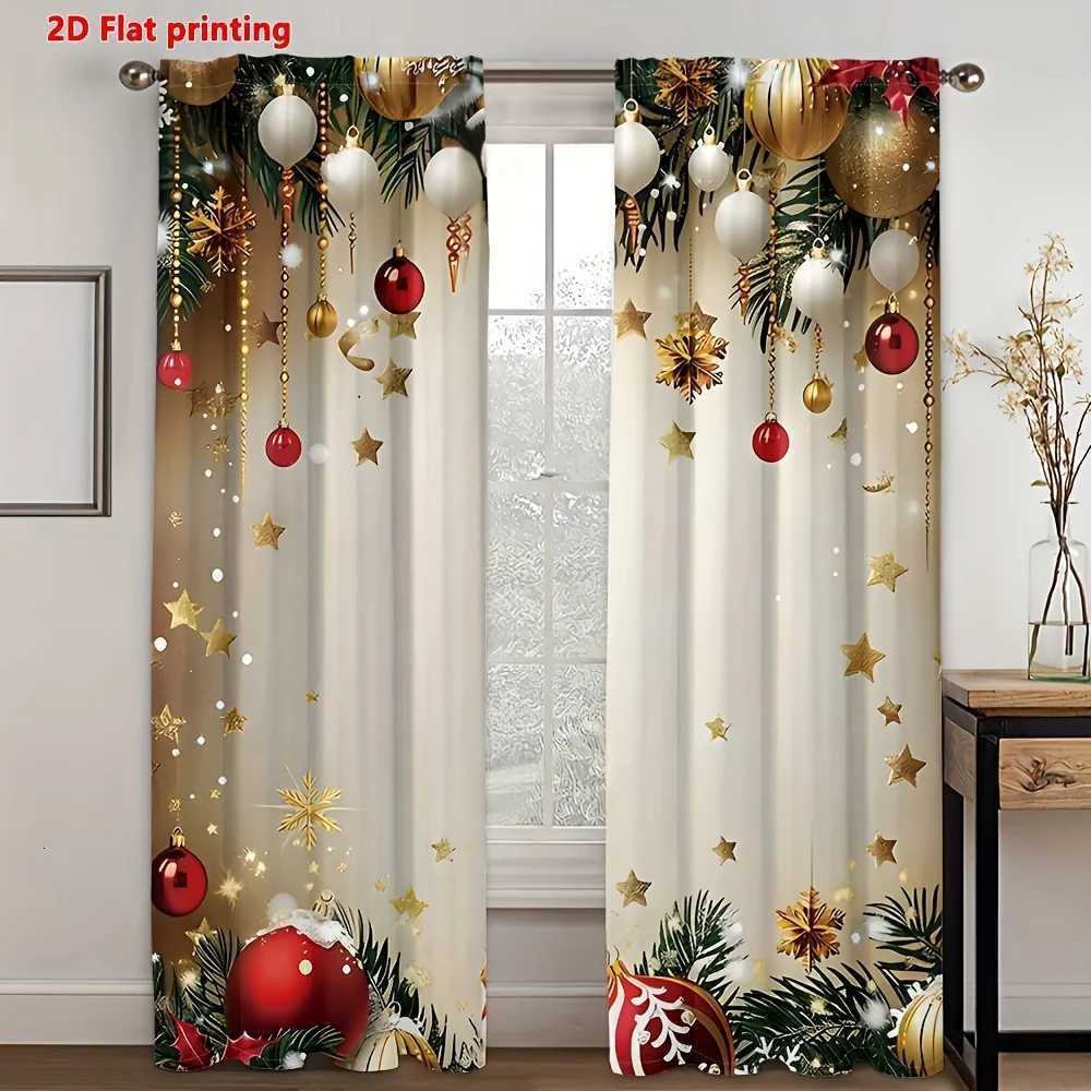 Curtain Christmas Christmas Ball Star Curtains 2pcs Golden Red Pine Leaf 2D Print Semi-Sheer Rod Pocket for Living Room Kitchen Bedroom Decor Y251126