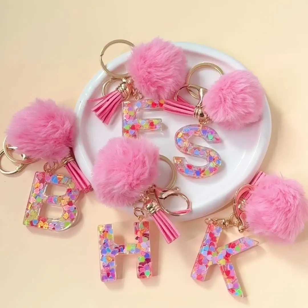 Cute keychain with pink initials shiny resin alphabet pendant with girls sponge letters written on it handbag backpack acceT251127