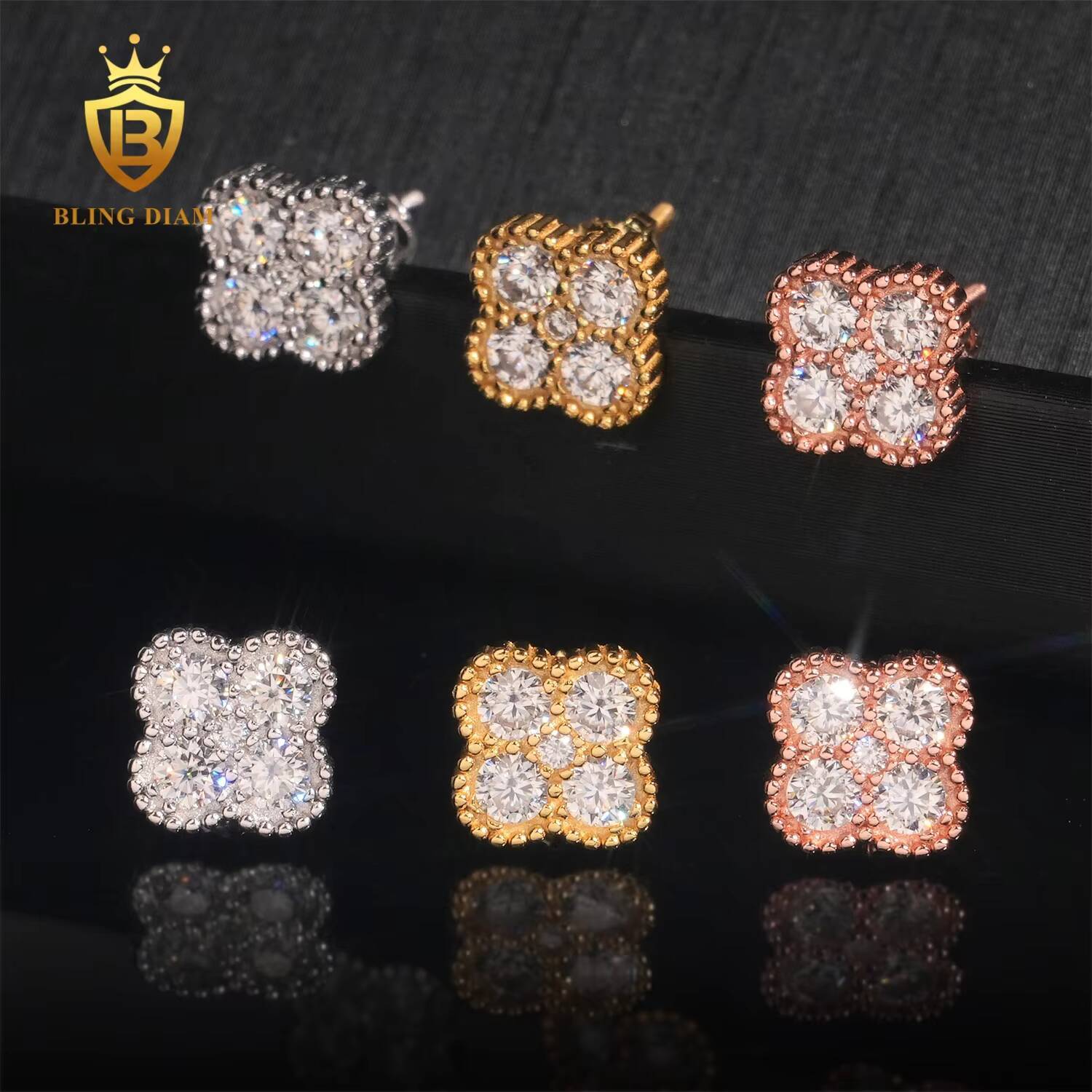 Wholesale Jewelry 925 Sterling Silver Vvs1 Moissanite 4 Four Leaf Clover Stud Earrings Rose Gold Plated Gra Certificate