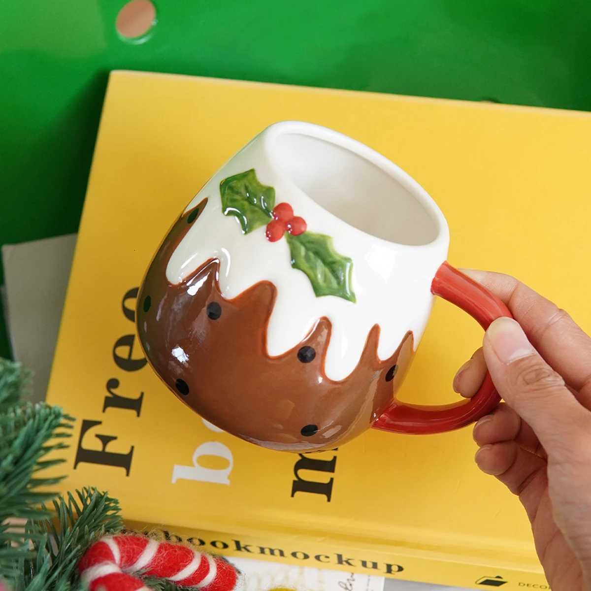 1Pc Christmas Pudding Ceramic Mug Creatively Designed Cake Coffee Cup with Sauce Exquisite and Beautiful Suitable for Christmas C251127