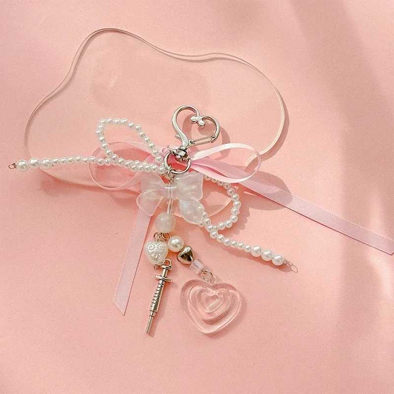 Creative Imitation Pearl Bow Bag Charm Key Ring Ribbon Heart Beaded Keychain Korean Backpack Pendant Y2k Pendant JewelryT251127