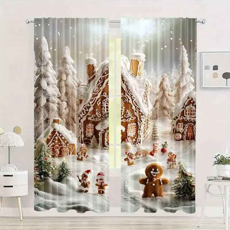 Curtain Christmas 2 pieces - Christmas curtains holiday snow scene and gingerbread man printed curtains home decorations room decorations Y251126