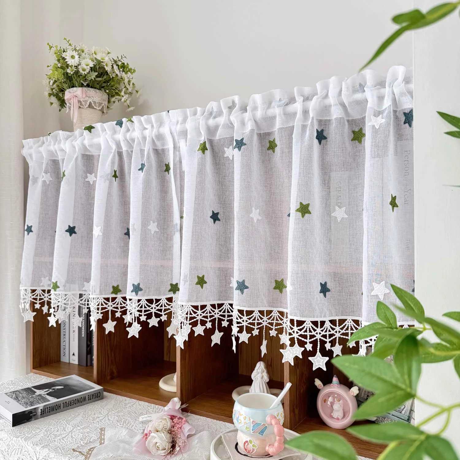 Curtain Christmas 1PC Modern Green Stars Embroidery Short Curtain for Kitchen Mesh Voile Window Drape With Lace Home Decoration Cafe Y251126