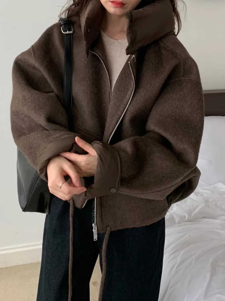 Solid Wool Coat Women Casual Hooded Y2k Loose Zipper Blends Cardigan Full Sleeved Thick Warm Outwear Jackets Autumn WinterXJ251127