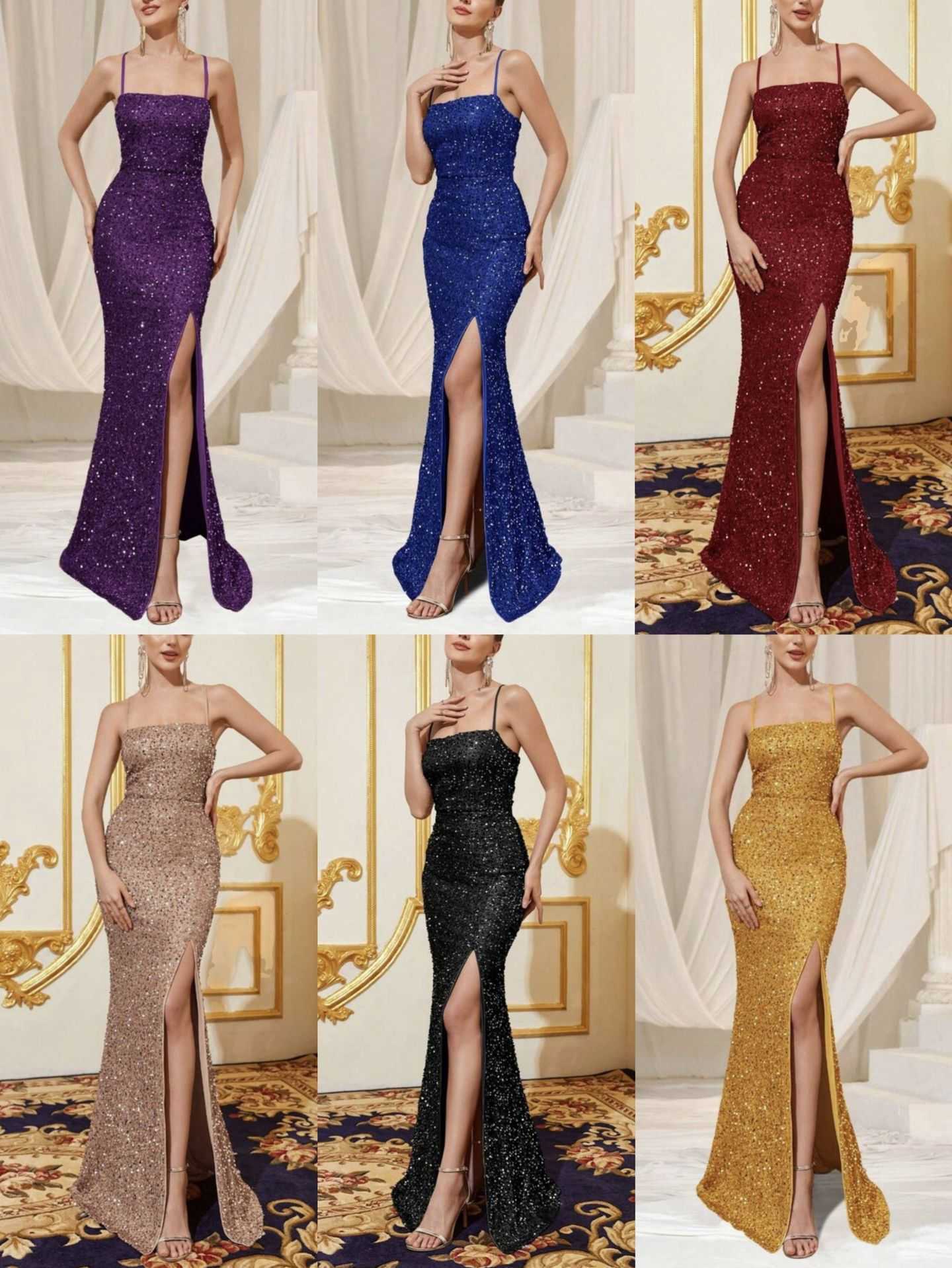 High-waisted sexy sequin slit bridesmaid dress with straps evening gown L251127