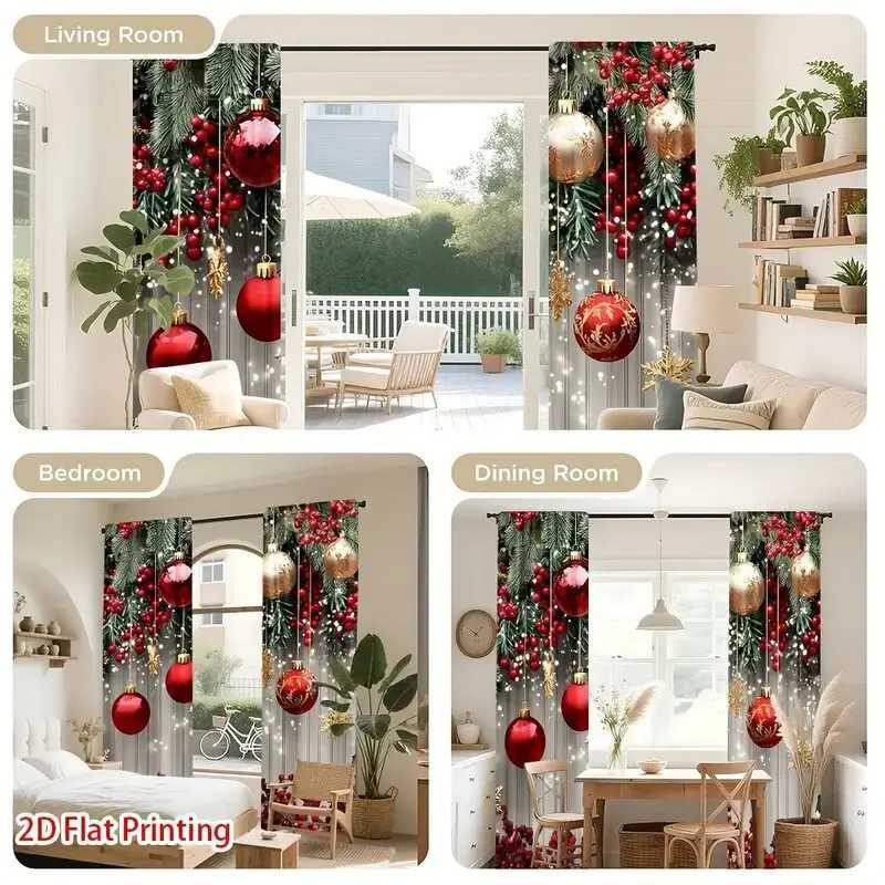 Curtain Christmas 2pcs - Christmas pine branches Christmas balloons print curtains pole bag curtains home decoration room decoration Y251126