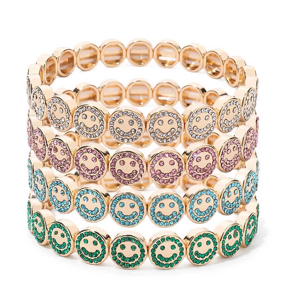 2024 New Happy Bangle Paved Diamond Enamel Beadeds For Women Boho Gold Color Elastics C251105