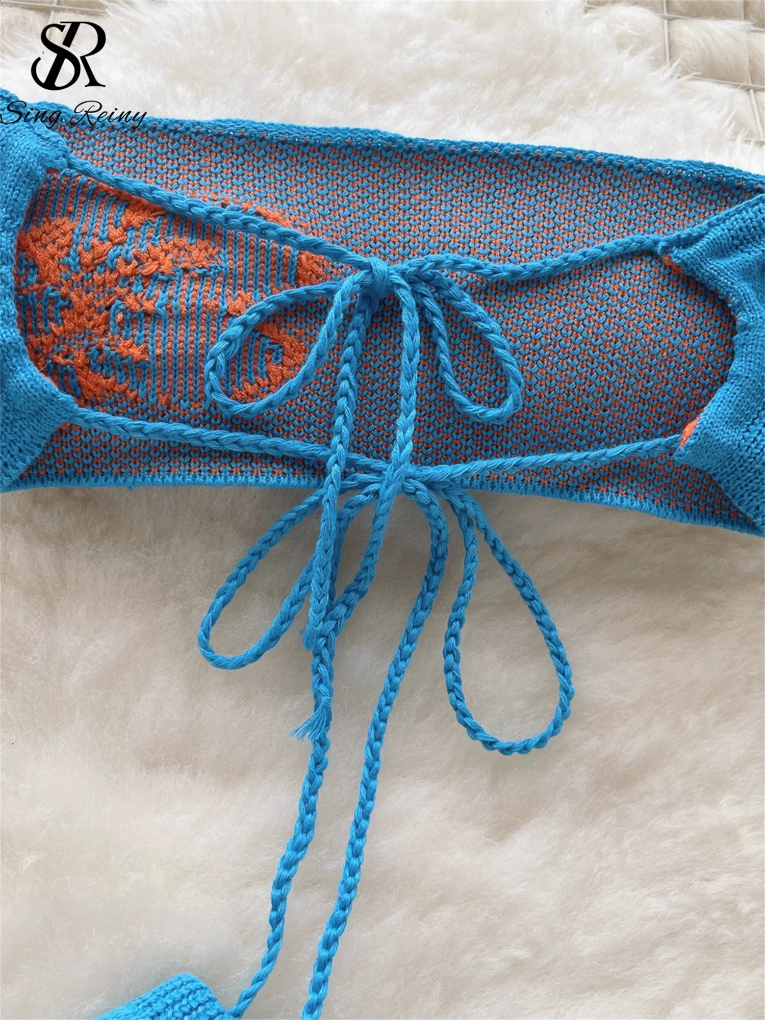 SINGREENY Bohemian Beach Style Knitted Set with Lace Bow No Back No Shoulder Strap Top and Patchwork Shorts Two Piece Set 250422