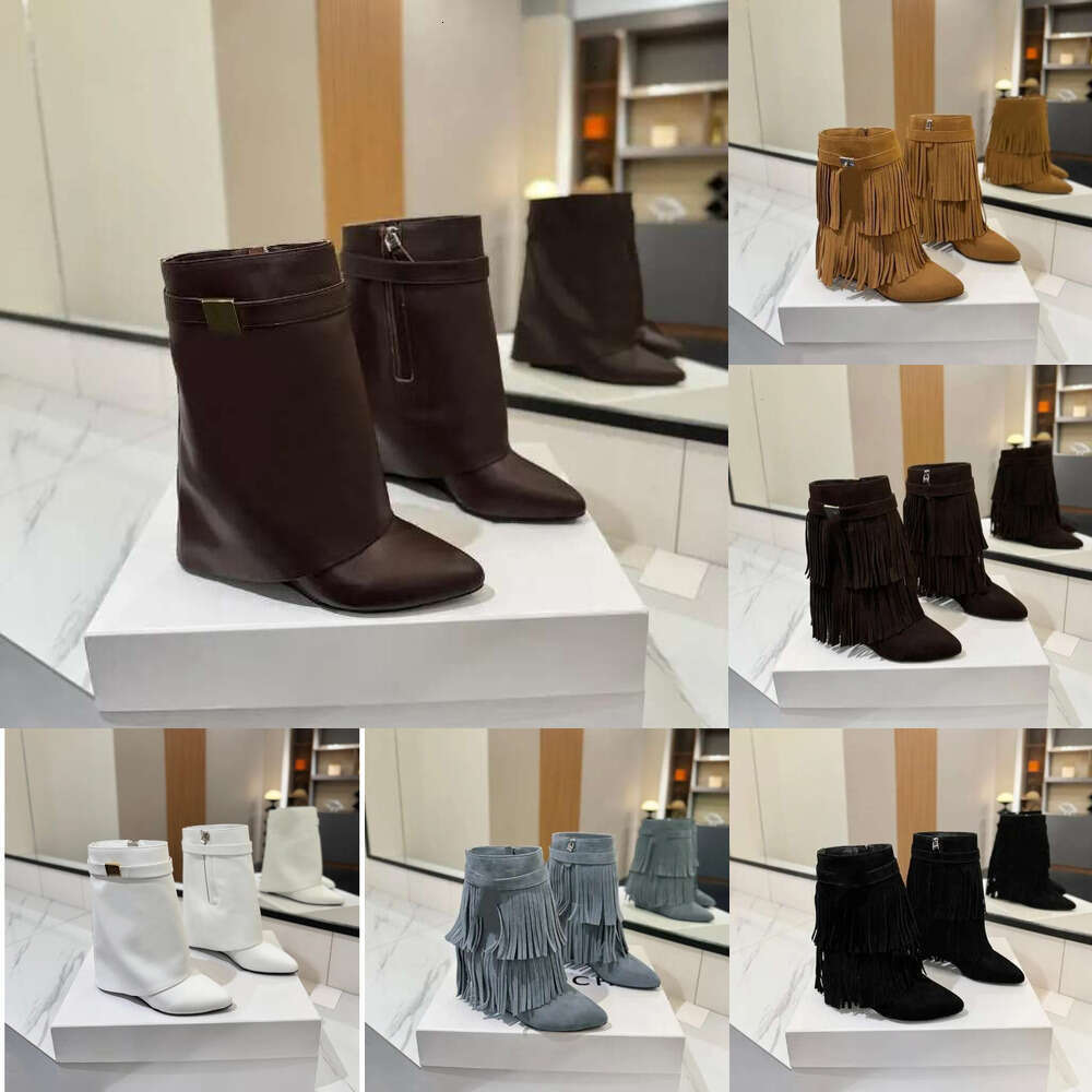 luxury Master's Latest designer woman shoe Ankle Fringe-Trimmed Rolled-Cuff Boots Satin-Finish Genuine Cowhide Leather Buckle Detail Wedge Heel fashion booties