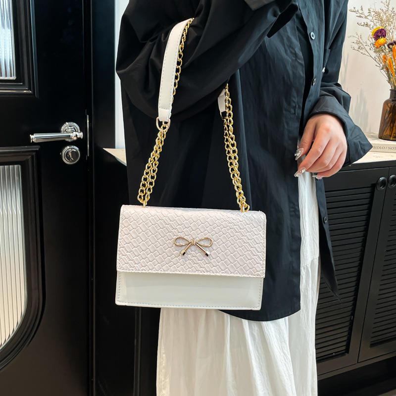 2025 Spring New Women's Bow Knot Lock Clasp Mini Square Bag Woven Texture Shoulder Bag with Detachable Chain Strap Crossbody Purse