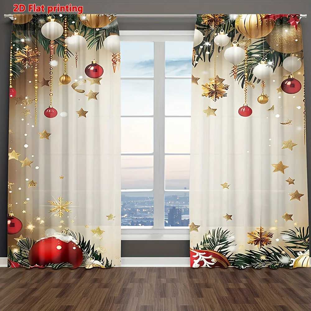 Curtain Christmas Christmas Ball Star Curtains 2pcs Golden Red Pine Leaf 2D Print Semi-Sheer Rod Pocket for Living Room Kitchen Bedroom Decor Y251126