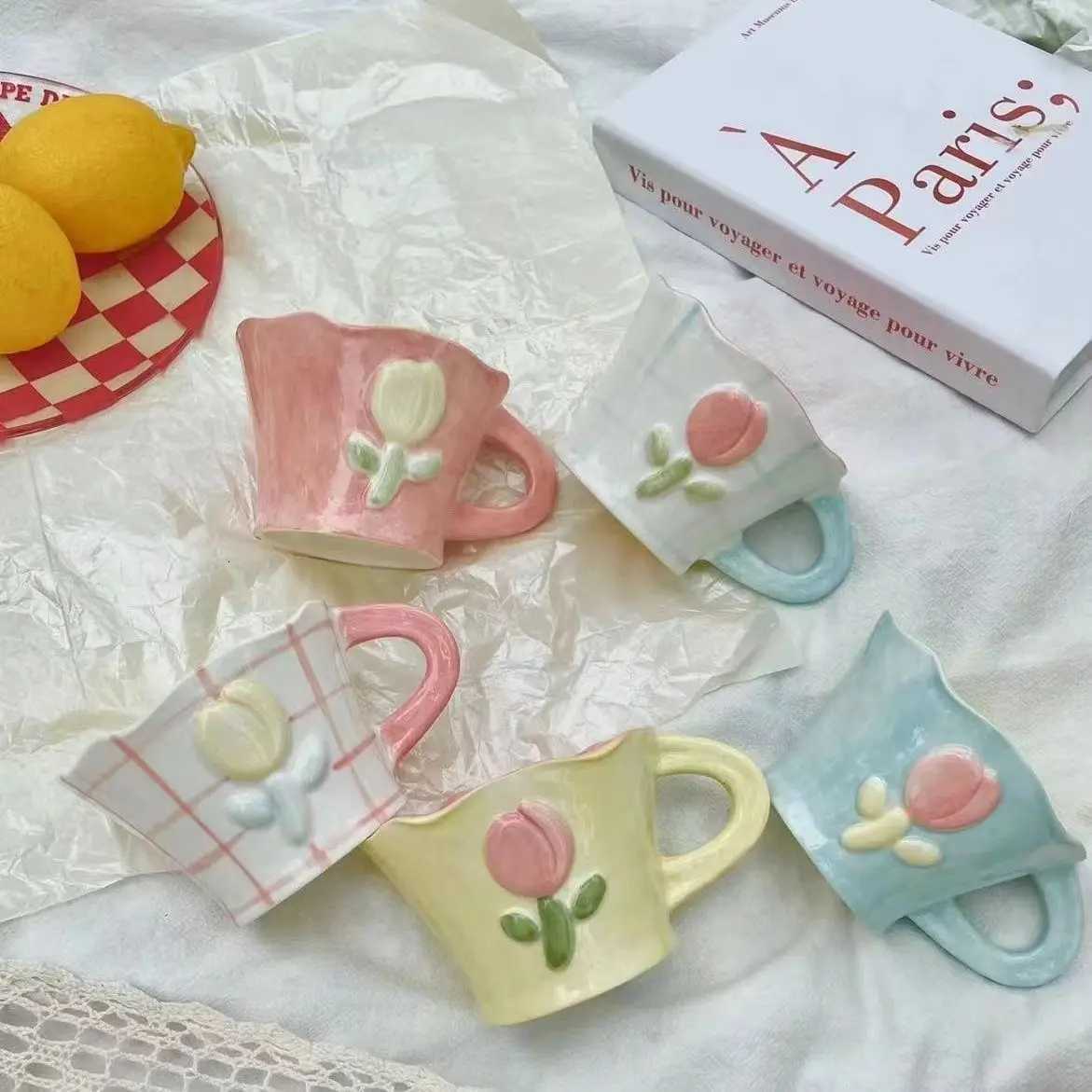 Creative Tulip Ceramic Coffee Cups Set Embossed Mug with Handle Vintage Home Milk Dining Dish Breakfast Tea Drinking C251127
