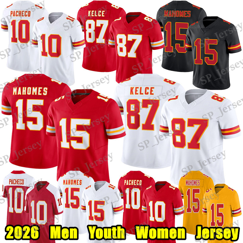 #15 Patrick Mahomes Football Jersey #87 Travis Kelce Isiah Pacheco Xavier Worthy Chris Jones Harrison Butker Nick Bolton Rice JuJu Smith-Schuster Josh Simmons jersey