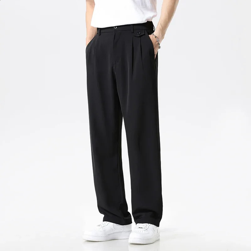 Mens casual loose straight pants button elastic waist Korean casual business Trouser mini waist button 250427