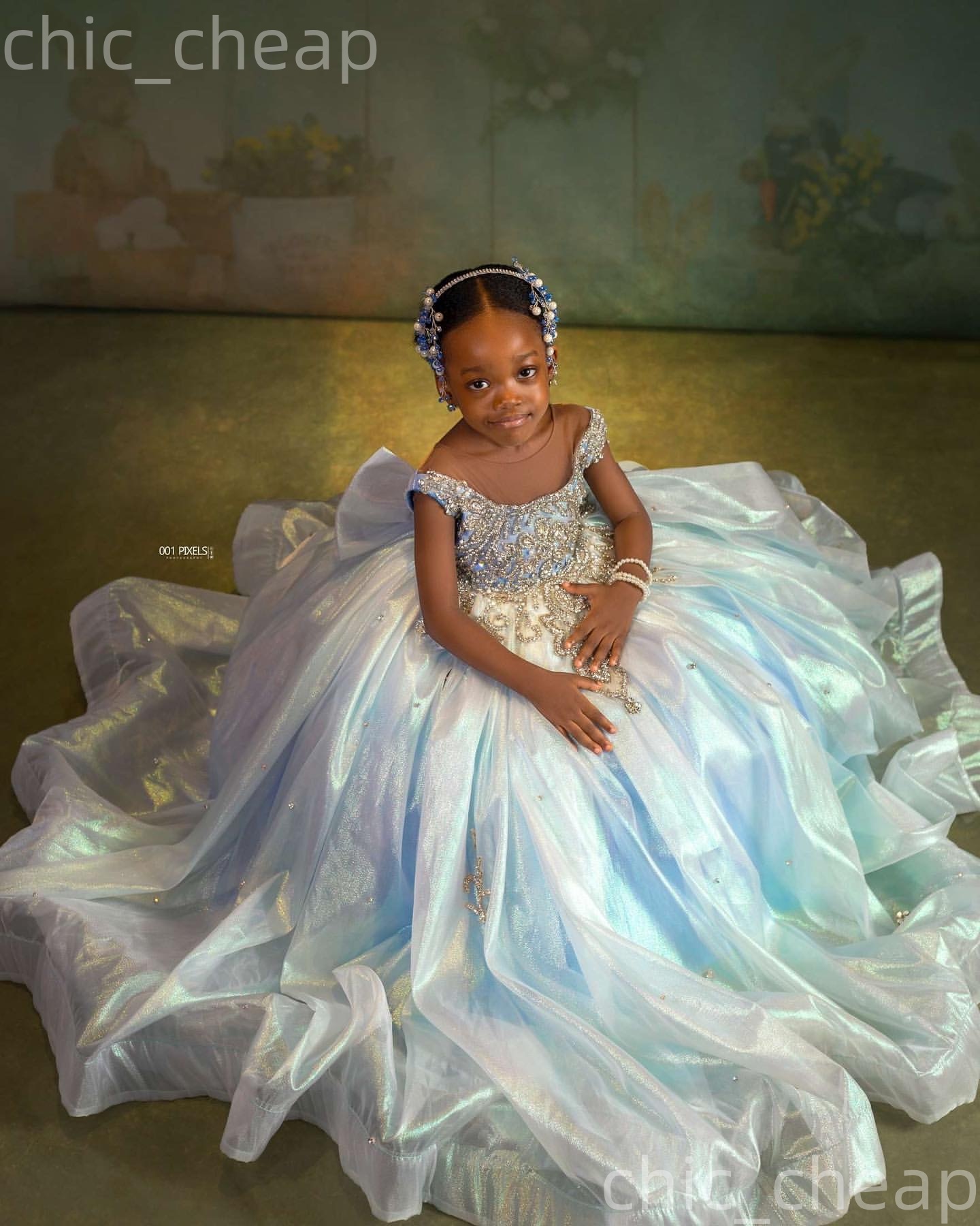 2026 Light Sky Blue Ball Gown Flower Girl Dresses Sheer Neck Appliques Organza Little Girl Christmas Peageant Birthday Christening Tutu Dress Gowns ZJ