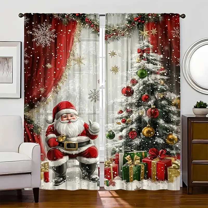 Curtain Christmas 2pcs - Christmas Santa Claus and holiday pattern printed curtains pole bag curtains home decoration room decoration Y251126