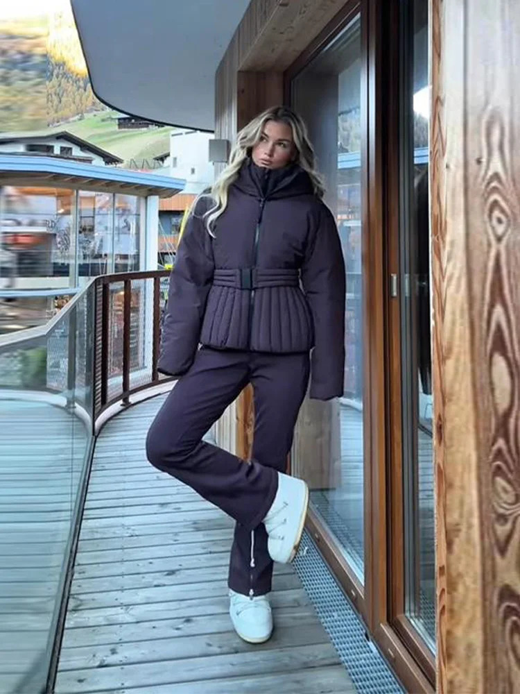 Women Hooded Tie-Waist Ski Suit Pink Flared Leg Fur Trim Water-Resistant Fabric 2025 Winter Outerwear Fashion Sweet Snow Suit 251126