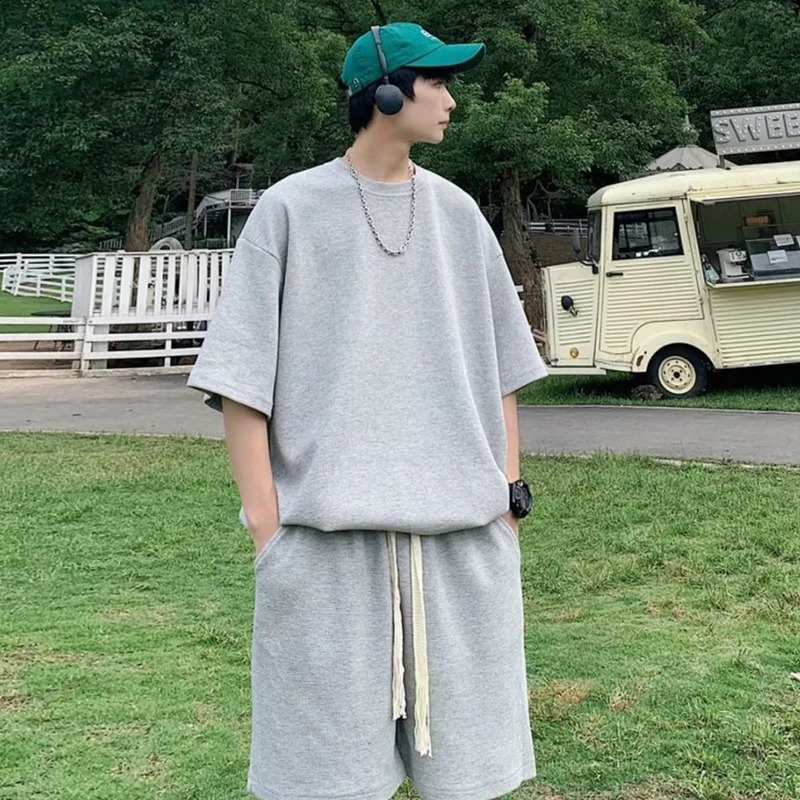 Summer Korean Solid Loose Mens T-shirtShorts Sportswear Sportswear Oversized 5XL 250427