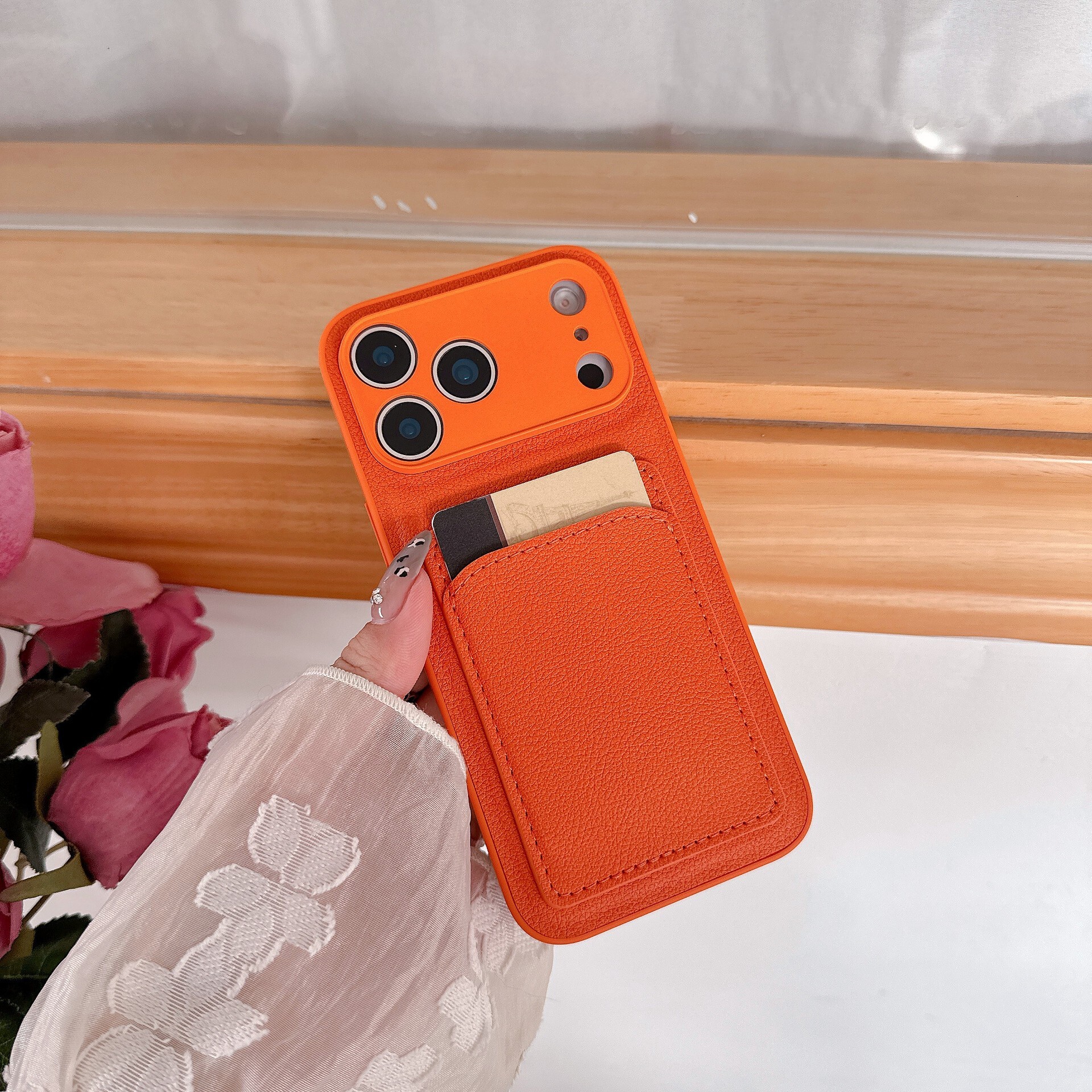 Orange Plain Leather Card Holder iPhone 17 Pro Max Phone Case Compatible with Apple 16 Pro Simple 15 Solid Color Business