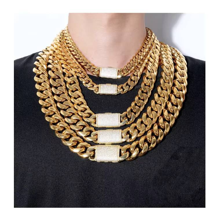 Stainless Steel Jewelry 12mm Plated Link Chain 22mm Necklace and Bracelet Set for Men Cuban Under 100