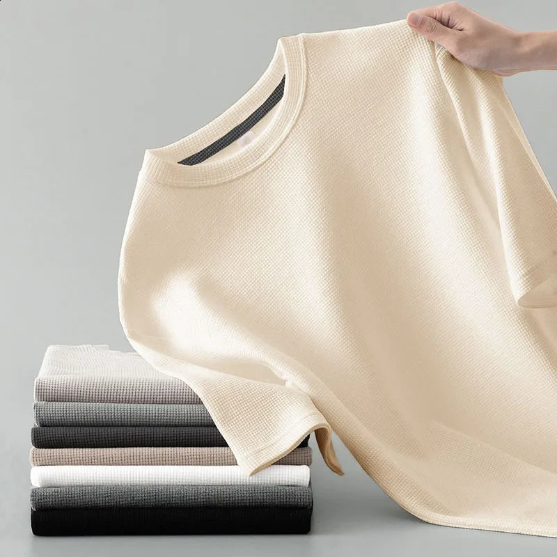 1 mens summer T-shirt mens short sleeved waffle solid T-shirt mens solid color casual tee round mens round neck fashionable top 250427