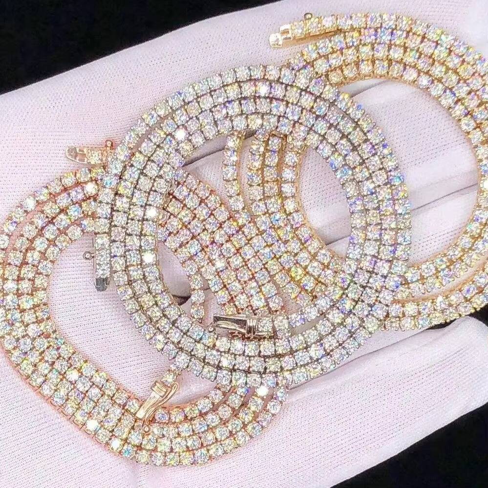 RB Gems 925 Sterling Silver VVS Moissanite Tennis Chain Necklace 2mm 65mm Fine Chains for Women and Men Gold Zircon Jewelry