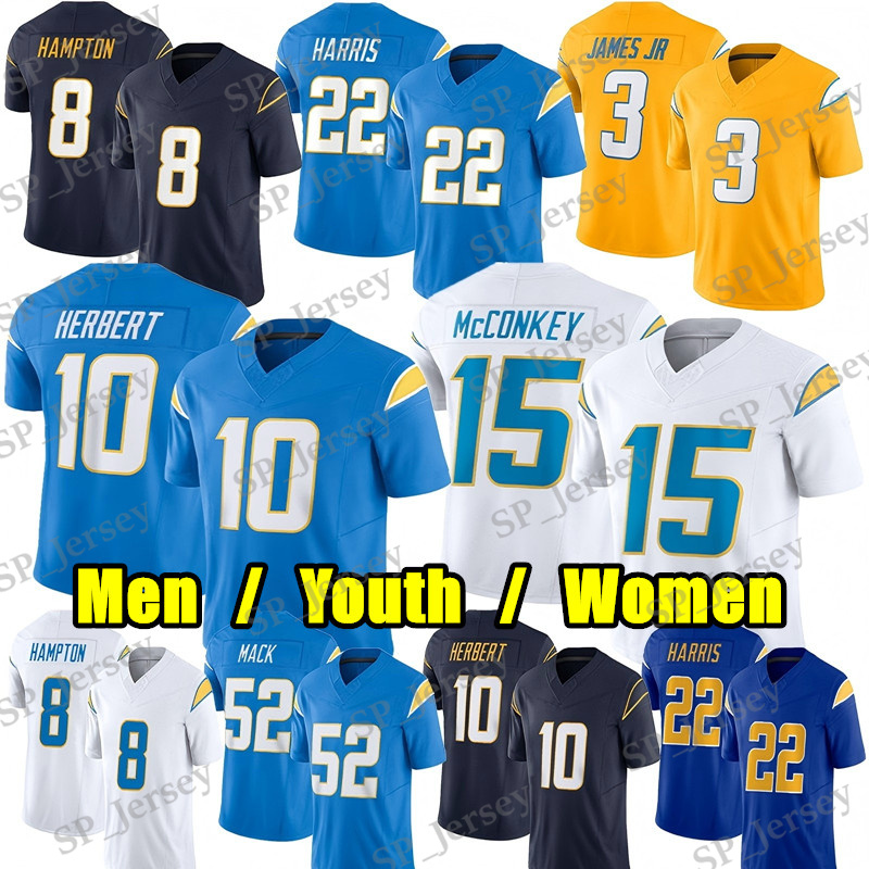 #10 Justin Herbert Football Jersey #15 Ladd McConkey Khalil Mack Najee Harris Keenan Allen Derwin James Jr Joe Alt Trey Lance Cameron Dicker Omarion Hampton jerseys