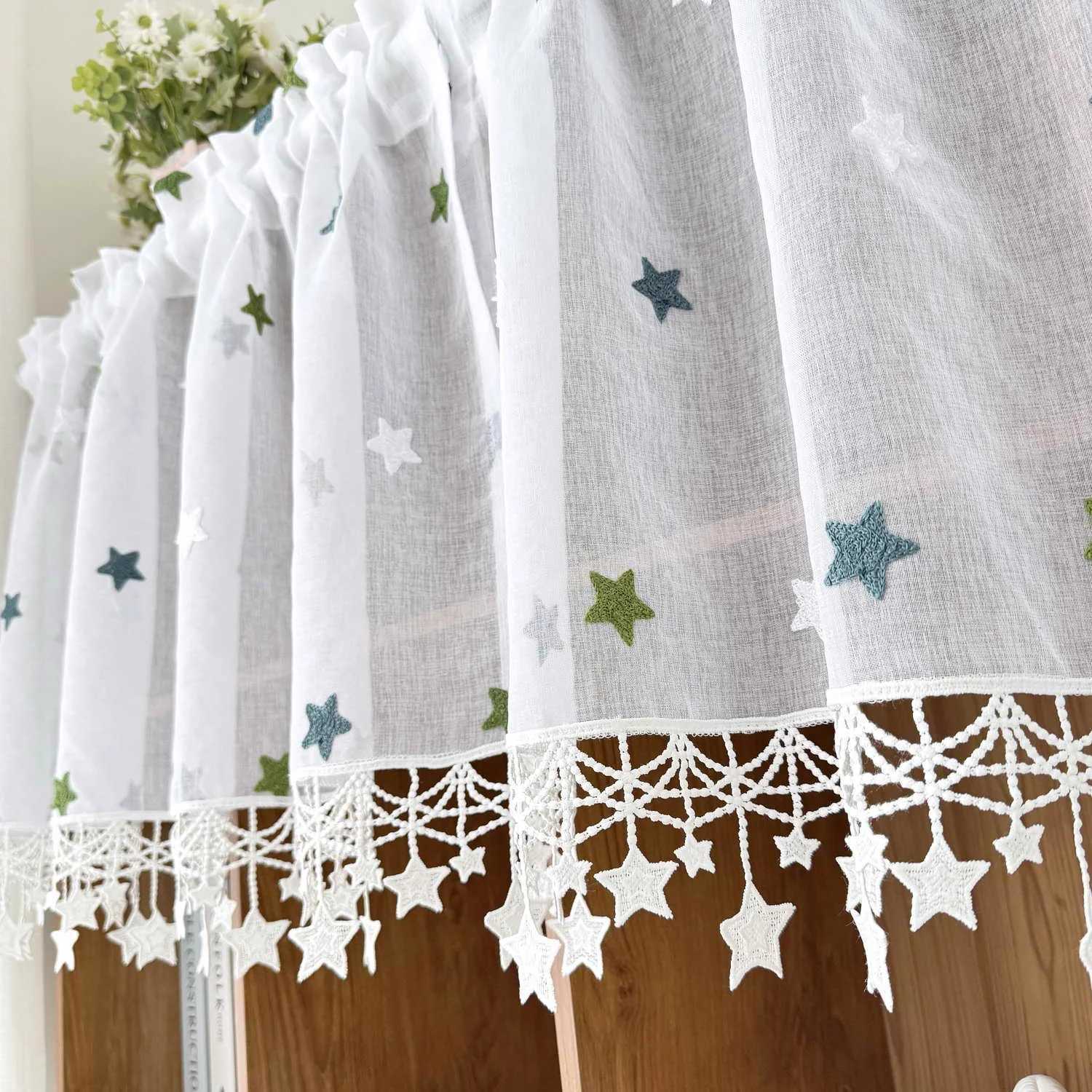 Curtain Christmas 1PC Modern Green Stars Embroidery Short Curtain for Kitchen Mesh Voile Window Drape With Lace Home Decoration Cafe Y251126