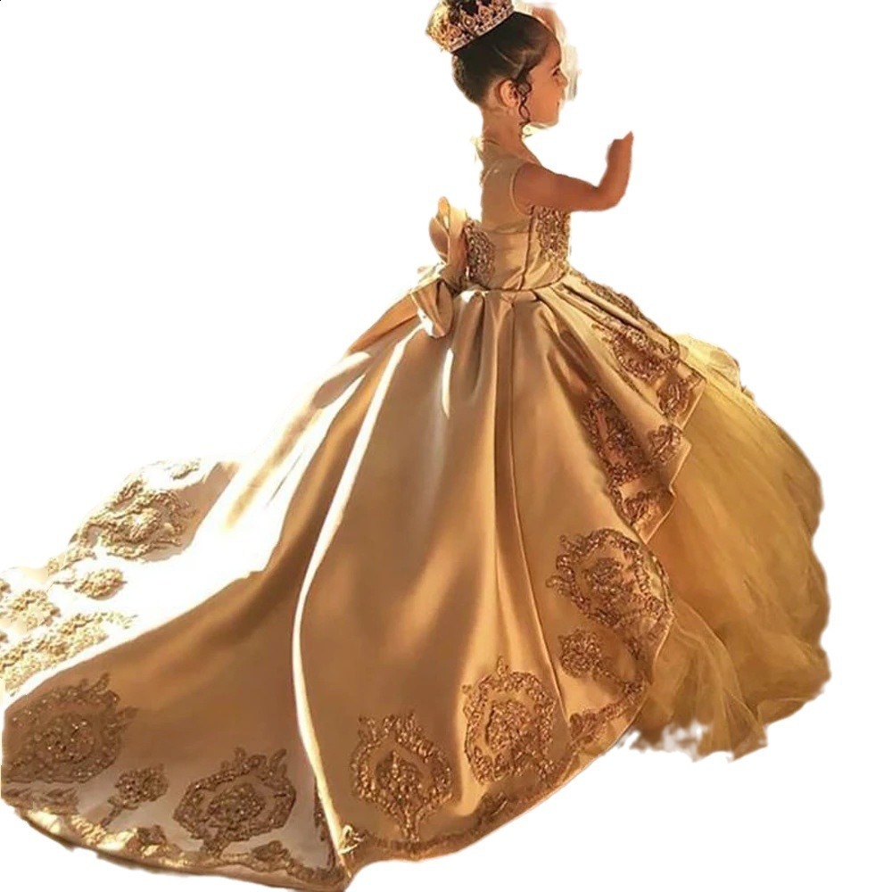 Flower Girl Dress with Beading for Kids Long Girls Birthday Dresses Lace Up Back Satin Clothes Pageant Gown 240428