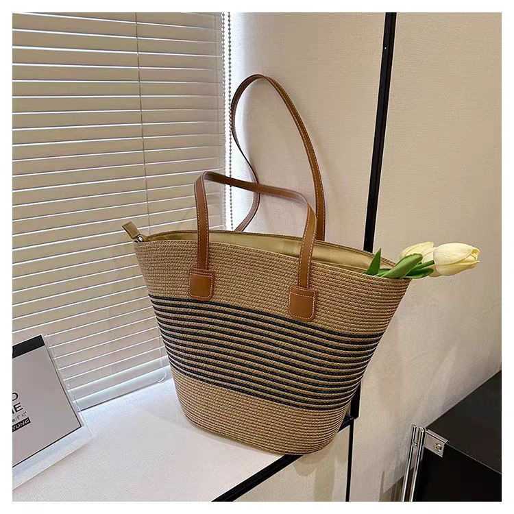 Straw Woven Bag Womens Summer Handbag Seaside Tote Bag Large Capacity Woven Shoulder Bag Rattan Woven Grass Bag Water Bucket Bag Trendy