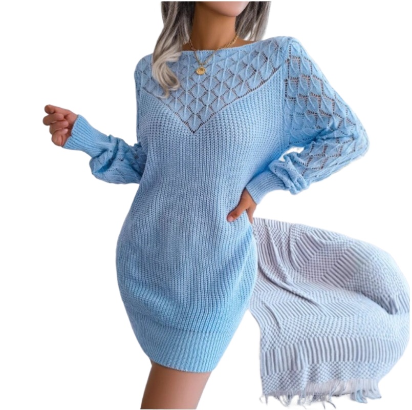 (1022) Autumn and Winter Fashionable Hollow One-neck Long-sleeved Pullover Sweater Dress