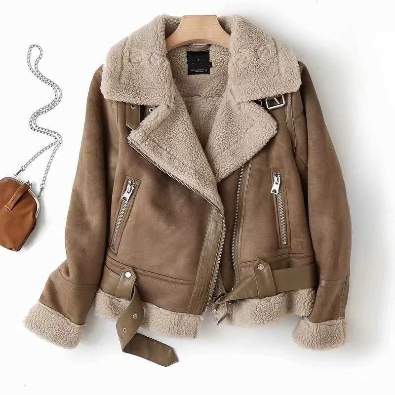 Winter European and American Womens Clothing Double-sided Fur Integrated Deerskin Fleece Thickened Windproof Locomotive JacketXJ251127