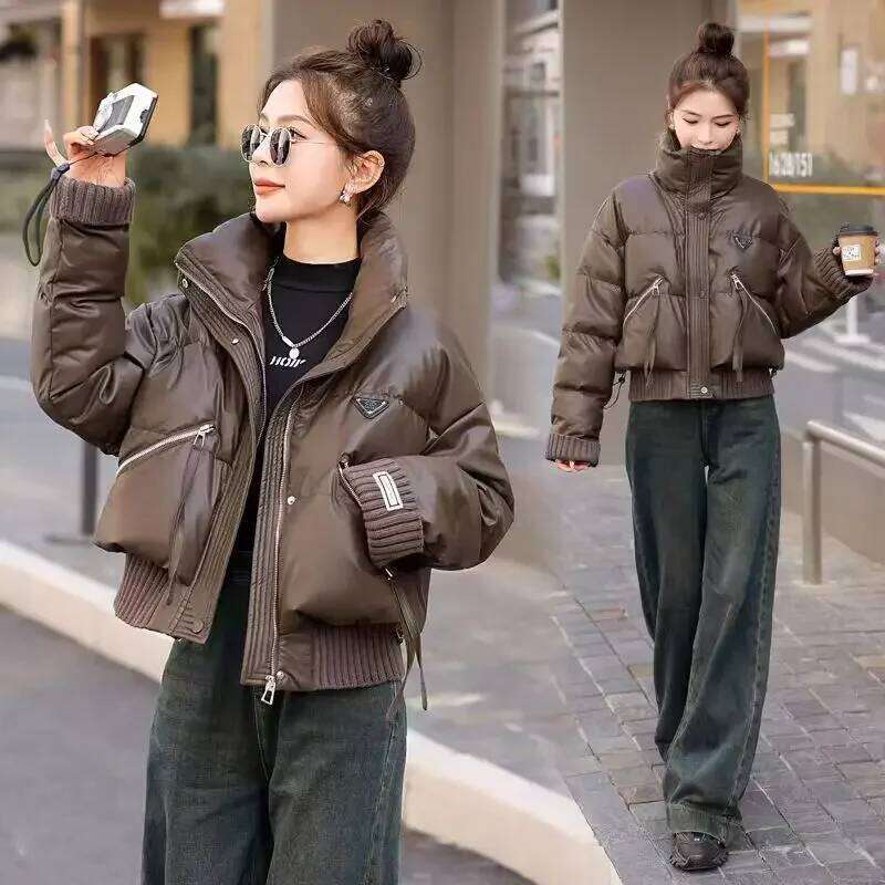 Korean Stand Collar Cropped Jacket Winter Coat Women's Clothing Trend Puffer Jackets Warm Streetwear Knit Patchwork Long Sleeve
