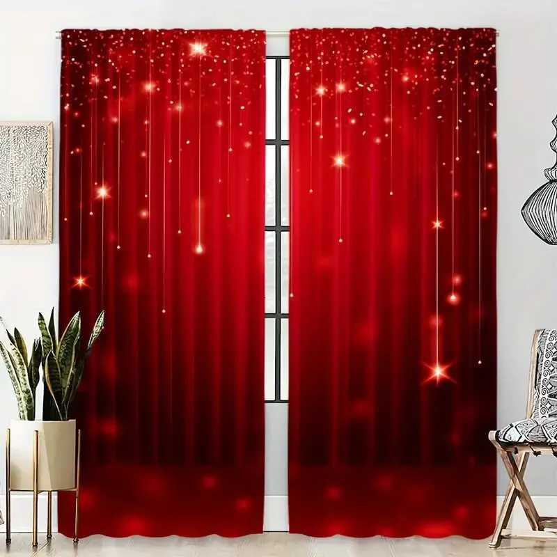 Curtain Christmas 2pcs - Christmas Curtains Christmas Golden Star red polyester printed curtains home decoration room decoration Y251126