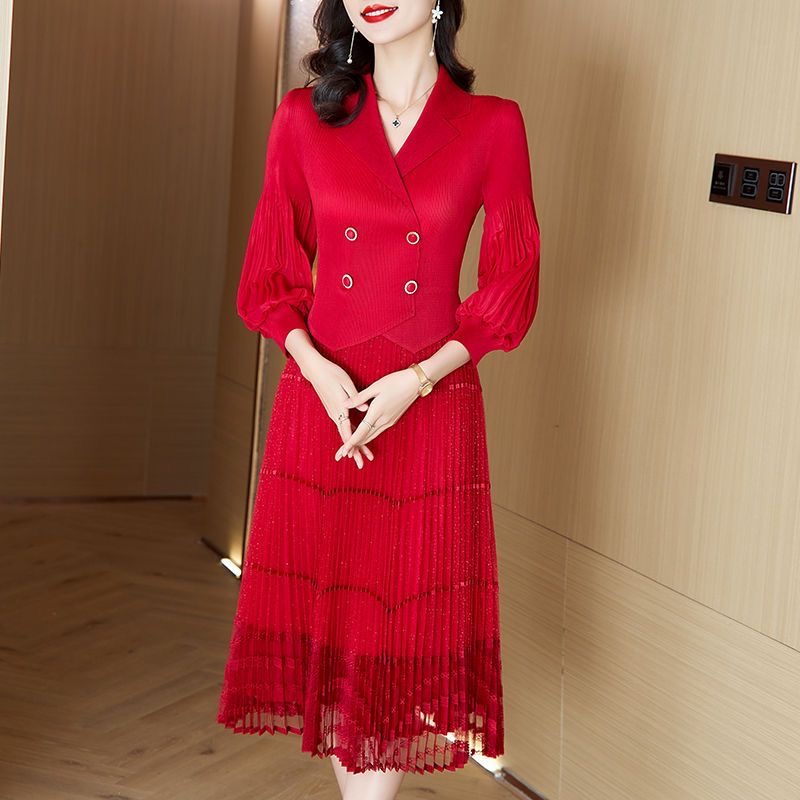 Large size women's pleated dress 2025 spring new mesh lace dress D02304