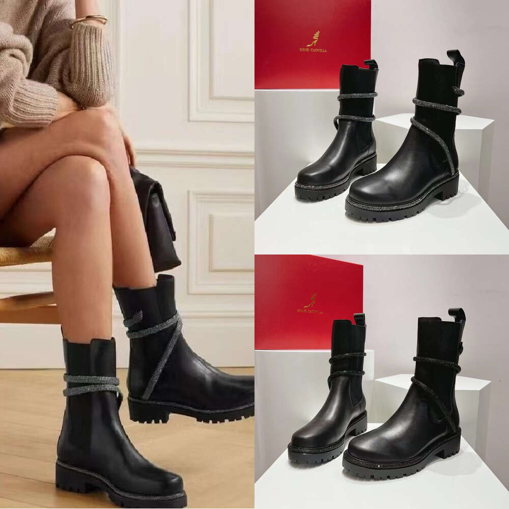Designer Boot luxury Martin Boots Women Round Head Genuine Leather Panel Elastic Fabric Crystal Decoration Snake Wrapped Ankle Strap Flat Heel Fashion Martin boots
