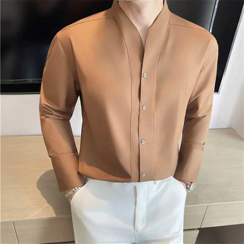 French Shirts Men Collarless Long Sleeve Solid Color Casual Shirt Mens Business Style Spring Autumn Daily BlouseW251127
