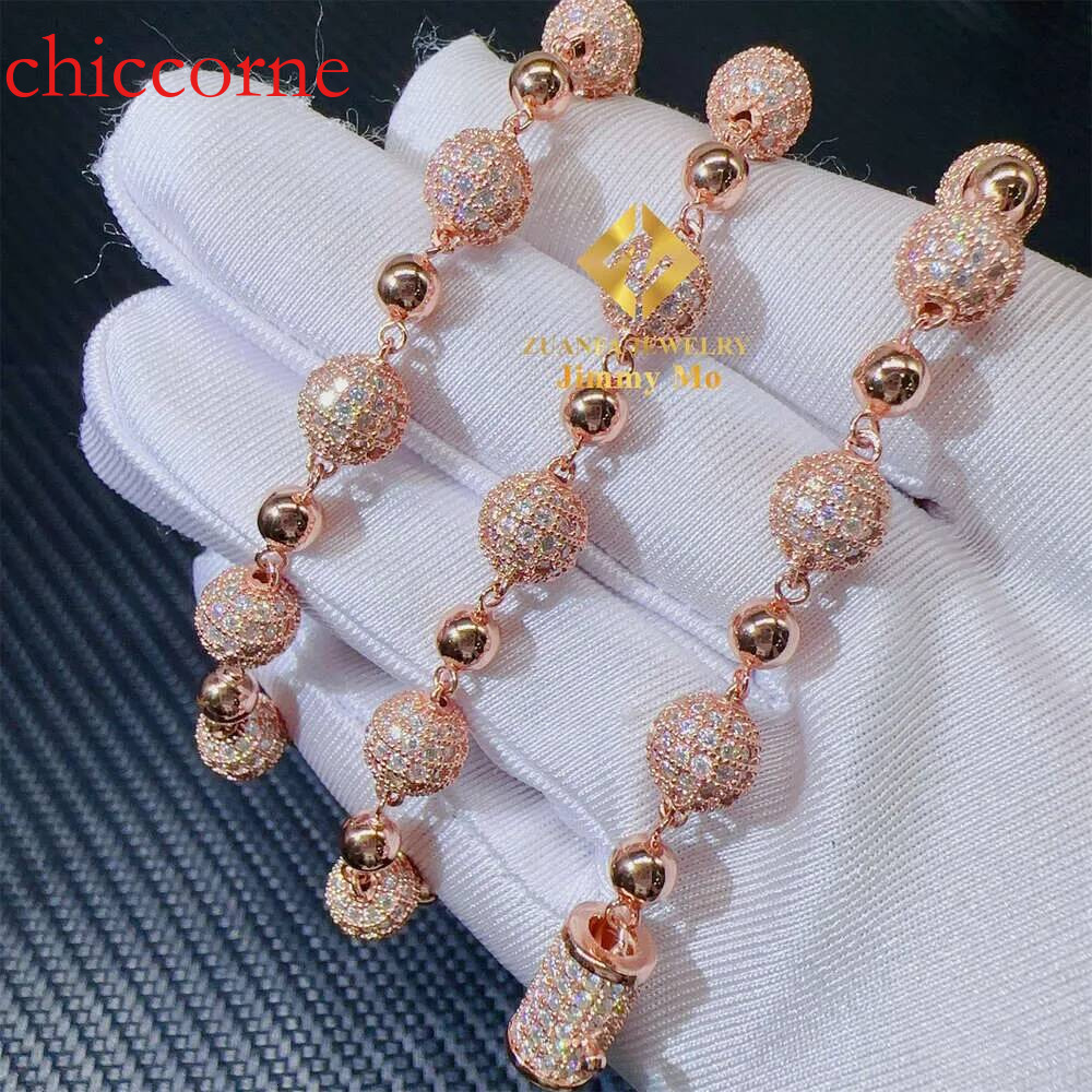 Customized 8mm Iced Out Hip Hop Chain Jewelry Sterling Sier Rose Gold Plated Vvs Moissanite Ball Bead Cuban Necklace