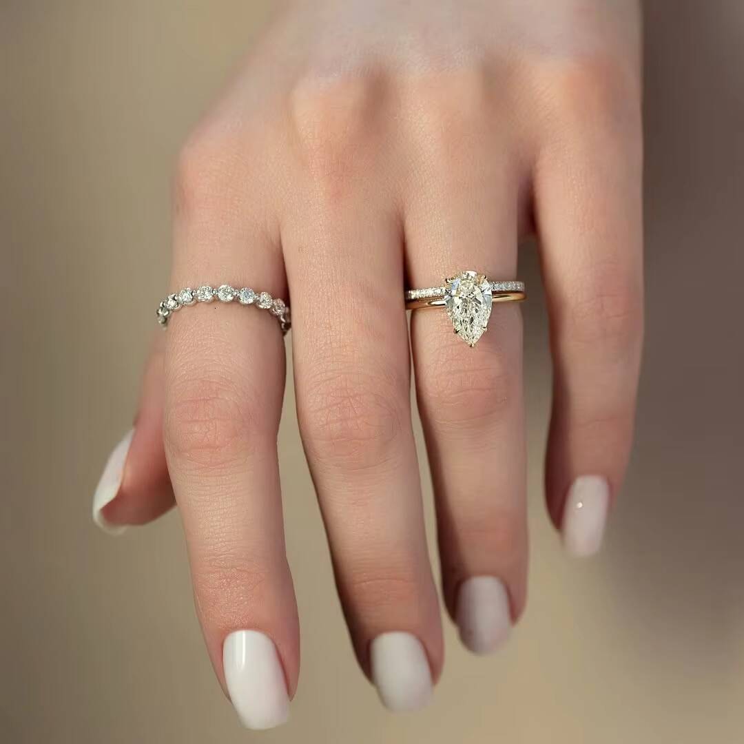 Custom 14k 18k Yellow Rose Gold Moissanite Diamond Wedding Rings 7x11mm 3ct Pear with Classic Five Claws Fine Jewelry
