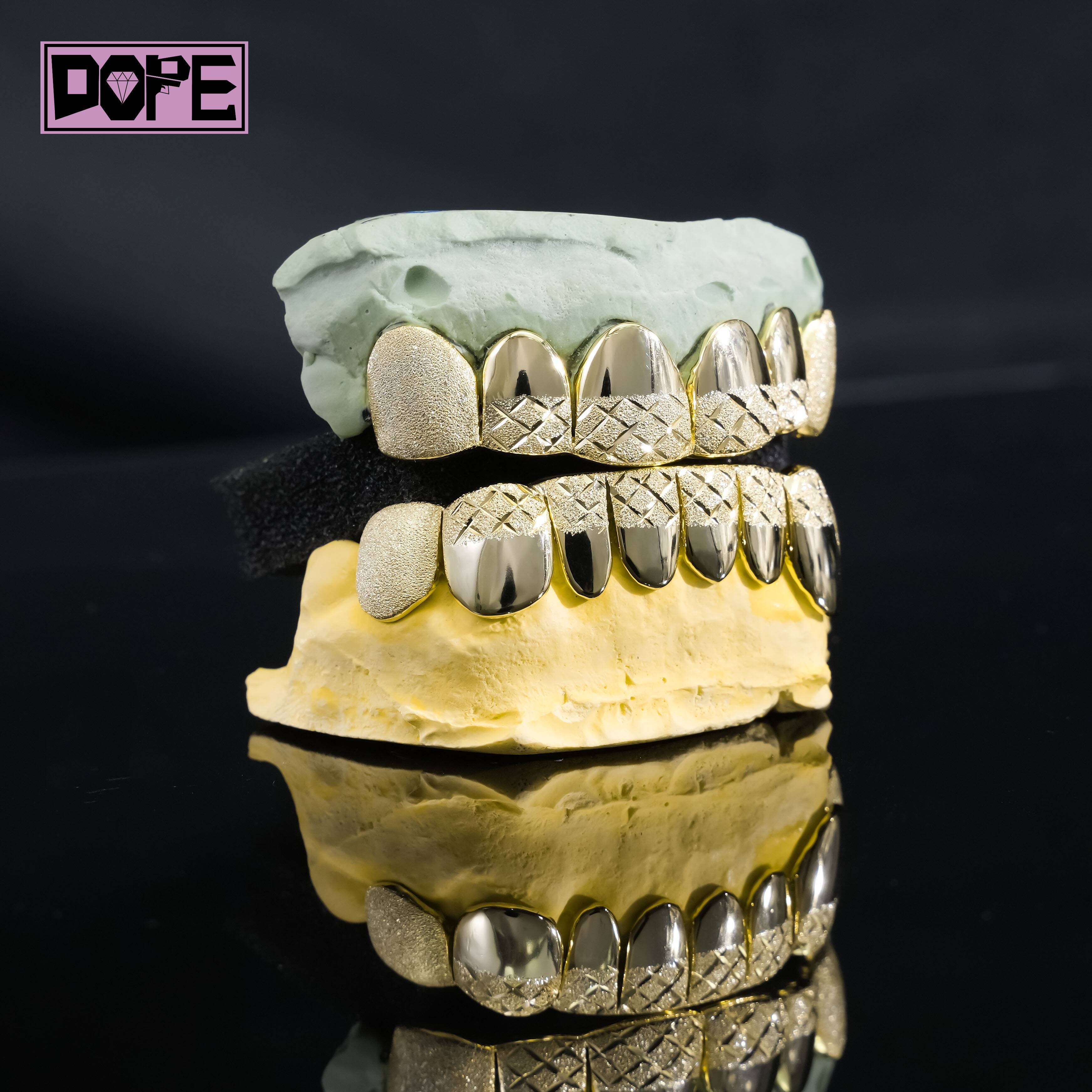 Custom Men Jewelry Grillz 8 Top 8 Bottom Perm Cut 925 Silver 18K Gold Plated Punk Grillz for Teeth