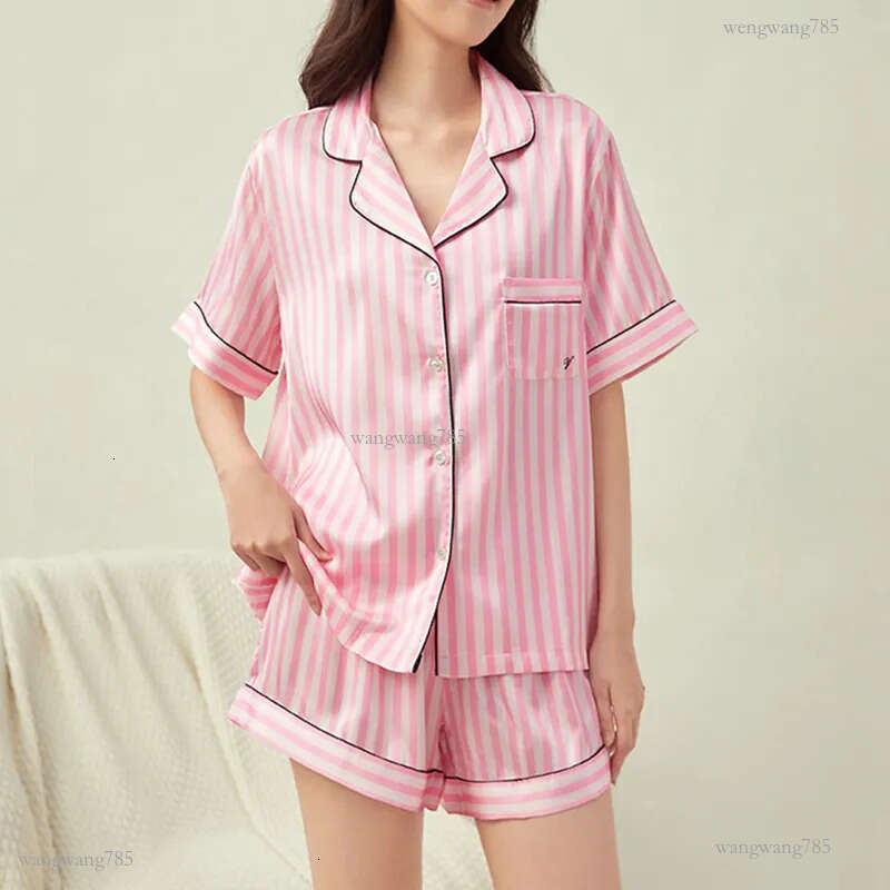Same Style As Star Loungewear Women Pink Stripe Short Sleeved Pamas Thin Flip Collar Outerwear Classic Sleepwear Leisure Set