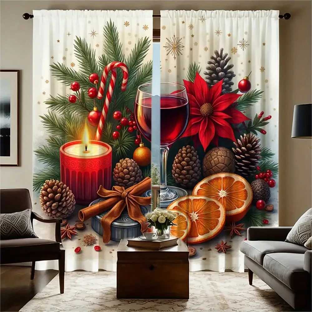 Curtain Christmas 2pcs Christmas Window Curtains - Heavyweight Matte Polyester Blackout Curtains with Red Green Golden Holiday Decor - Machine Y251126